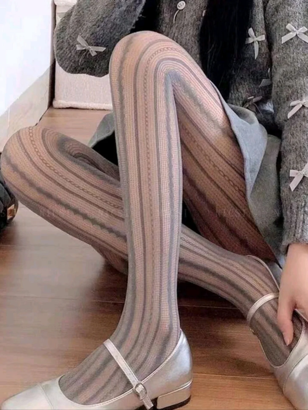 NWT Sexy Grey Vintage Romantic Vertical Striped Openwork Hosiery Tights